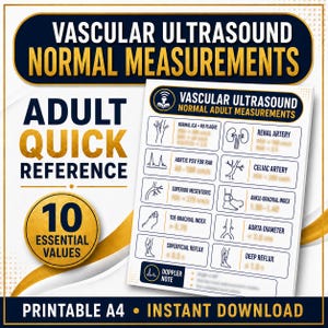 Puede incluir: Una tabla de referencia de ecografía vascular con el texto VASCULAR ULTRASOUND NORMAL MEASUREMENTS, ADULT QUICK REFERENCE y 10 ESSENTIAL VALUES. El documento muestra diez diagramas médicos con etiquetas y datos numéricos correspondientes.