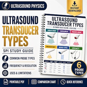 Puede incluir: Una guía de estudio encuadernada en espiral titulada Ultrasound Transducer Types que presenta una tabla comparativa de seis tipos de sondas, incluyendo lineal, curvilínea, phased array, endocavitaria, hockey stick y especial con datos de frecuencia.