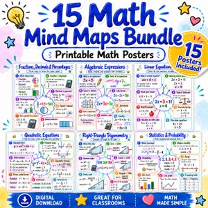 May include: A digital bundle of 15 printable math posters featuring educational mind maps on topics including fractions, decimals, percentages, algebraic expressions, linear equations, quadratic equations, trigonometry, and statistics with colorful graphics.