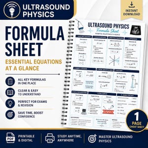May include: A spiral-bound Ultrasound Physics Formula Sheet featuring ten sections of essential equations, including wave equations, acoustic impedance, attenuation, and Doppler shift, with clear diagrams and text for academic study and exam revision.