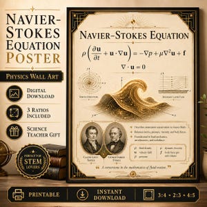 Può includere: Un poster incorniciato con l'equazione di Navier-Stokes, un concetto chiave nella fluidodinamica. Il design include diagrammi scientifici, ritratti di Claude-Louis Navier e George Gabriel Stokes e il testo "Physics Wall Art". Ideale per insegnanti di scienze e appassionati di STEM.