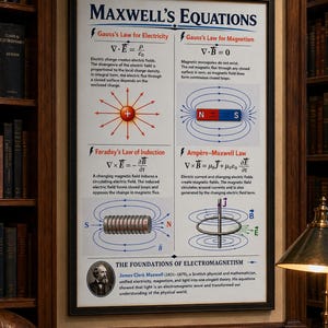 May include: A framed poster titled "Maxwell's Equations" with scientific diagrams and text. The poster includes formulas and explanations of electromagnetism, with a portrait of James Clerk Maxwell at the bottom. The frame is black.
