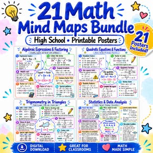 May include: A digital bundle of 21 high school math mind map posters featuring educational content on algebraic expressions, quadratic equations, trigonometry, and statistics. The colorful charts include formulas, diagrams, and text.