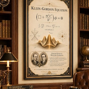 Può includere: Una stampa incorniciata dell'equazione di Klein-Gordon, con formule e diagrammi matematici. La stampa include ritratti di Oskar Klein e Walter Gordon. La cornice è nera con dettagli dorati, in uno studio.
