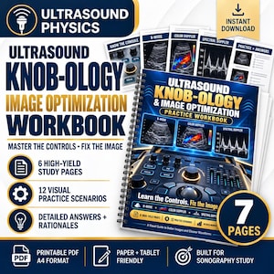Puede incluir: Un cuaderno de ejercicios de espiral Ultrasound Knob-ology & Image Optimization con una portada azul oscuro que muestra un panel de control de ecógrafo, imágenes en modo B, Doppler color y Doppler espectral, y detalles de estudio.