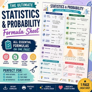 Könnte beinhalten: Ein Formelblatt für Statistik und Wahrscheinlichkeitsrechnung mit sechs Abschnitten: deskriptive Statistik, Wahrscheinlichkeitsregeln, Abzähltechniken, Normalverteilung, Stichproben und Schätzung sowie Korrelation und Regression mit mathematischen Gleichungen.