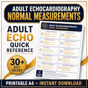 May include: A printable A4 reference guide titled Adult Echocardiography Normal Measurements. The document features a grid layout with icons and text detailing cardiac values including LV internal dimensions, walls, mass, volumes, and ejection fraction.