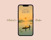 Golden Sunset Phone Wallpaper, Aesthetic iPhone Wallpaper, Boho Landscape Lock Screen, Asian Boat Wallpaper, Cozy Orange Wallpaper