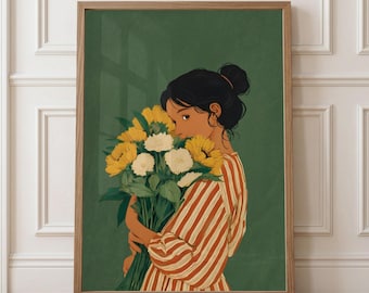 May include: A framed art print featuring a woman with dark hair in a bun, holding a bouquet of yellow and white flowers. She wears a red and white striped dress against a green background. The artwork is in a wooden frame.