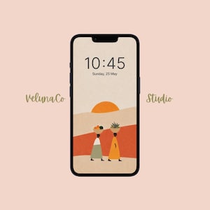 May include: A smartphone displays a digital art scene with two figures carrying baskets, set against a sunset backdrop. The time 10:45 and date Sunday, May 25 are shown. The words "VelunaCo" and "Studio" are also visible.