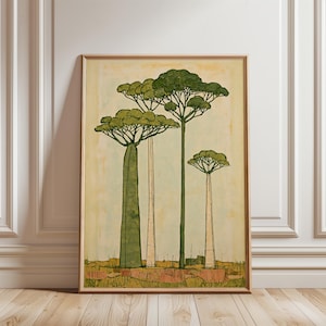 Peut inclure: Une impression d'art mural verticale encadrée représentant une illustration stylisée de quatre grands arbres aux larges cimes vertes et plates. Les troncs sont déclinés en nuances de vert et de crème sur un fond jaune pâle au sol texturé.