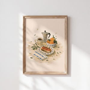 May include: A framed art print featuring a still life painting of a silver moka pot, a ceramic cup of coffee, a bowl of oranges, and a slice of tomato bruschetta on a plate, all arranged on a light beige surface with scattered green leaves.