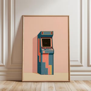 Op de afbeelding: Een ingelijste verticale kunstdruk met een gestileerde illustratie van een blauwe en oranje arcadekast. De kast heeft een donker scherm met twee kleine rode stippen, een rode joystick en geometrische oranje en gele accenten op een perzikachtergrond.
