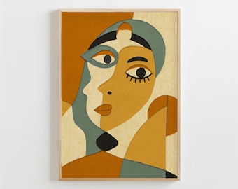 Impresión abstracta de rostro, arte mural estilo Picasso, retrato minimalista bohemio, decoración mural moderna y neutra, arte imprimible, impresión artística de mediados de siglo.