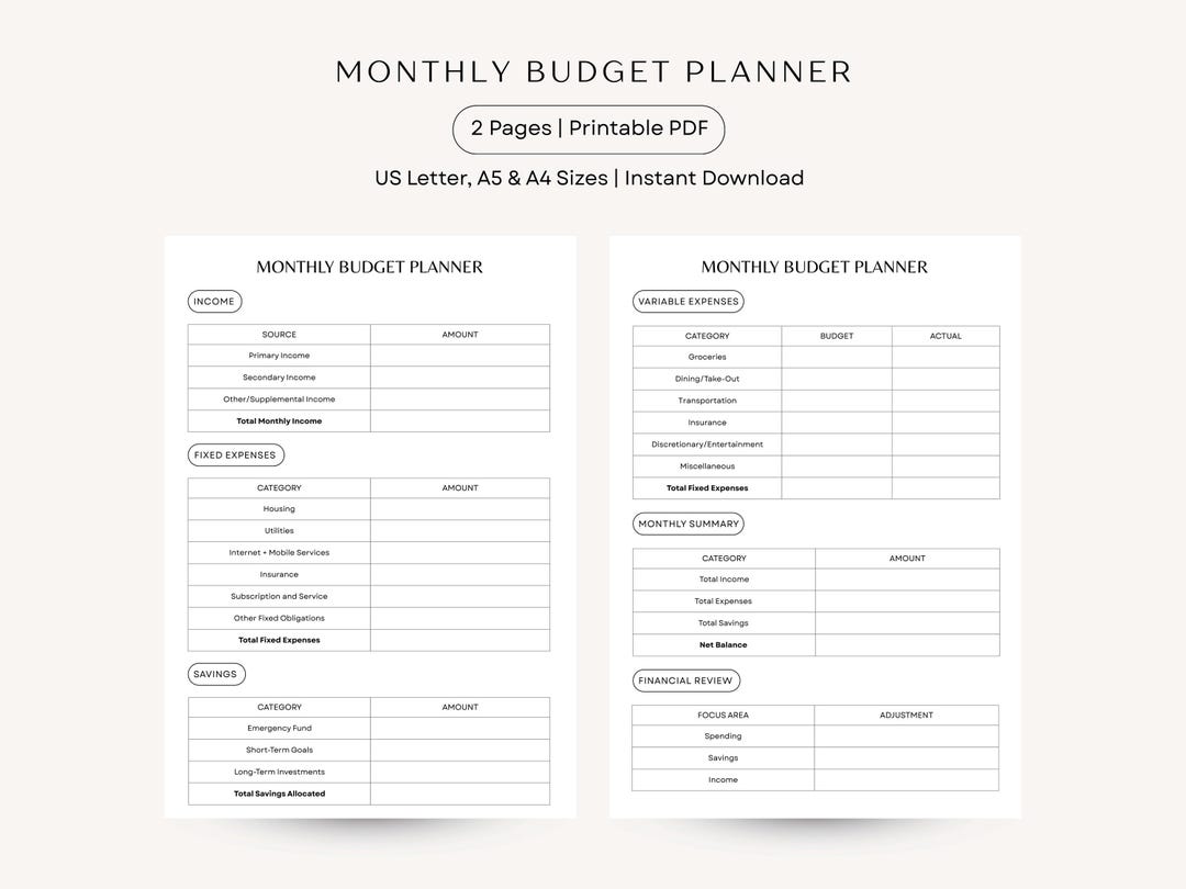 Monthly Budget Planner Printable PDF | Minimalist Budget Planner | Two ...
