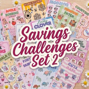 May include: A collection of colourful paper savings challenge trackers featuring various themes like Apple Bobbing, Honeycomb, Moo Moo, Pumpkin Patch, Lucky Clover, Pink Drinks, Koala Club, Fairy, Turtle, and Cute Cats with the text Savings Challenges Set 2.