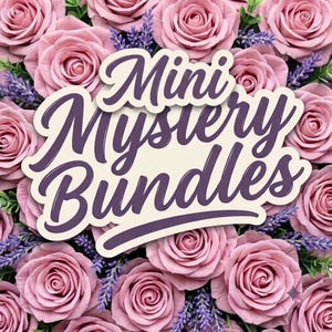 May include: A graphic overlay with the text Mini Mystery Bundles in a dark purple script font, centred over a dense background of numerous dusty pink artificial roses and small sprigs of purple lavender flowers arranged in a tight cluster.