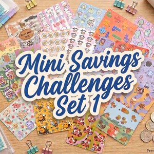 May include: A collection of square mini savings challenge cards featuring various colourful patterns including bees, squirrels, daisies, and candy jars, with the text Mini Savings Challenges Set 1 displayed in large blue script in the centre.