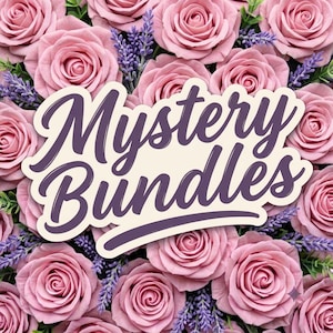 May include: A cream-coloured rectangular sign with the dark purple text Mystery Bundles in a cursive script, layered over a dense background of numerous soft pink roses and small sprigs of purple lavender flowers filling the entire frame.
