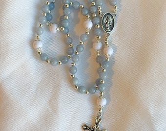 Handmade Aquamarine Rosary with Miraculous Medal – Catholic Rosary Necklace – Marian Devotional Gift