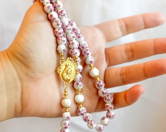 Handmade Rosary – Pink Floral Ceramic Beads, Immaculate Heart of Mary