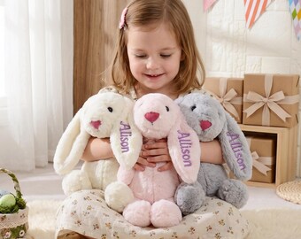 Personalized Embroidered Bunny Plush, Custom Name Long Ear Rabbit Stuffed Animal, Soft Baby Security Blanket Toy, Newborn Baby Shower Gift