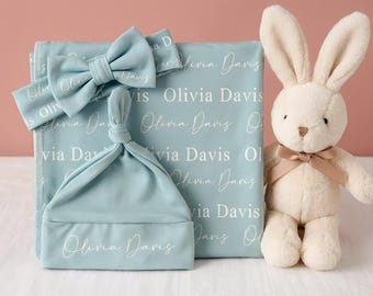 Newborn Blanket & Hat, Personalized Baby Swaddle Blanket with Name, Custom Newborn Gift,Baby Shower Gift, Monogrammed Baby Gift for Girl Boy