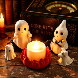 Peut inclure: Une collection de figurines de fantômes blancs, une petite figurine de chien blanc et une bougie LED blanche centrale dans un support rouge en forme de lotus. L'ensemble comprend un livre noir intitulé Gone With The Wind avec une horloge.