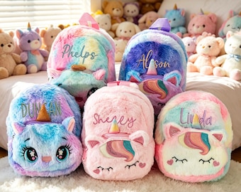 Mochila de peluche personalizada, mochila con nombre bordado a medida, regalo para bebé, mochila con nombre personalizado, mochila para niños pequeños en edad preescolar, regalo de cumpleaños para niñas