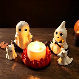 Puede incluir: Cuatro pequeñas figuras de fantasmas blancos con ojos negros y bocas sonrientes dispuestas alrededor de una vela blanca central en una base naranja con forma de llama. Un fantasma sostiene una pequeña honda marrón y hay una calabaza.