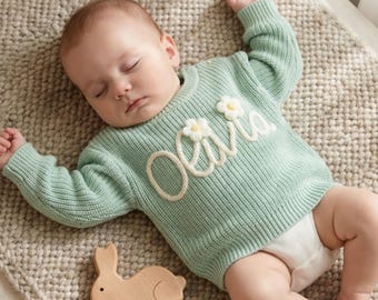 Suéter personalizado con el nombre del bebé, jersey de algodón tejido a mano a medida, suéter para recién nacido, regalo para baby shower, regalo de cumpleaños para niños, recuerdo para bebé.