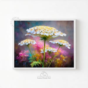 May include: A framed art print showing white and yellow wildflowers with green stems. The flowers are set against a blurred background of pink, purple, and yellow hues. The artwork is signed "Luna Cloud Art".