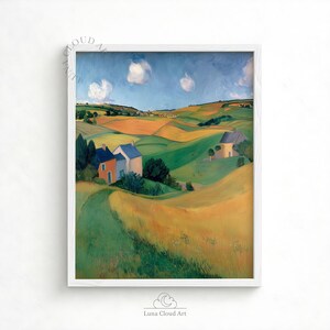 May include: A framed landscape painting shows rolling hills and fields in shades of yellow, green, and orange under a blue sky with fluffy white clouds. Two houses are visible in the distance. The artwork is signed "Luna Cloud Art".