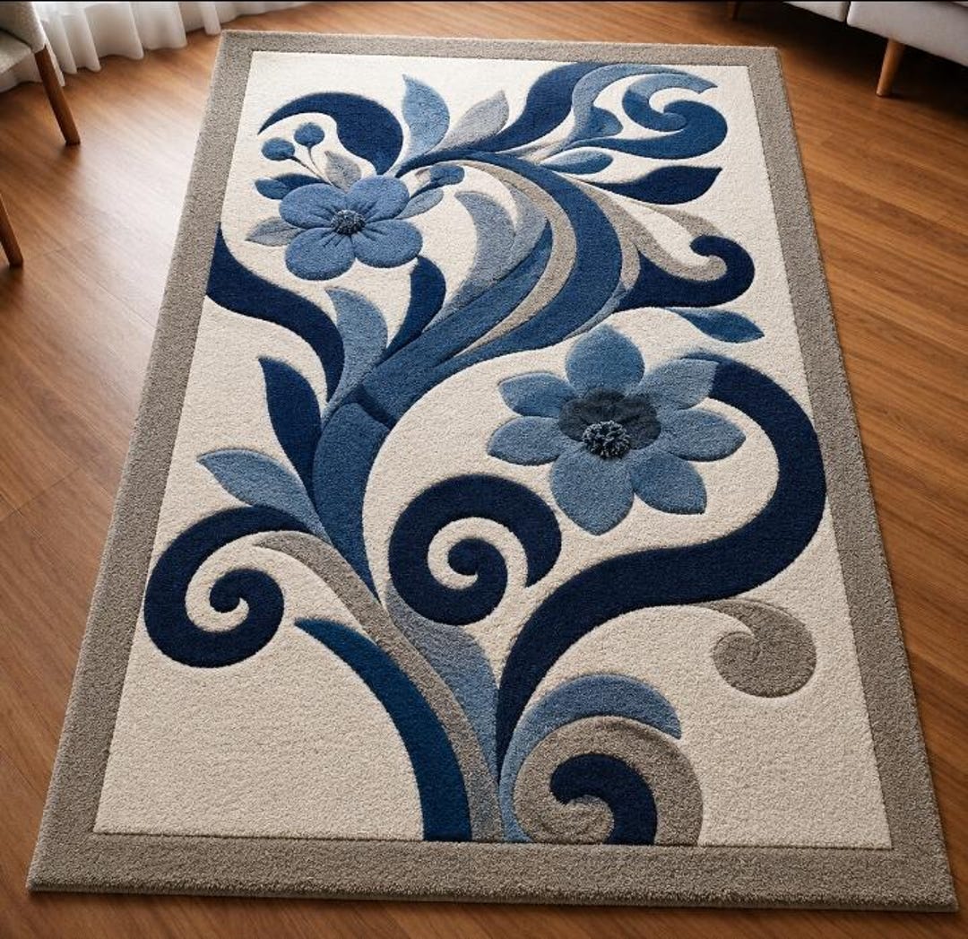 Hand Tufted Blue Floral Wool Area Rug – Modern Living Room Carpet - Etsy