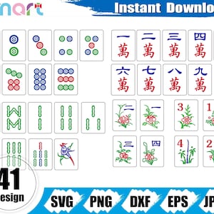 May include: A collection of 41 Mahjong tile designs, featuring various symbols, numbers, and Chinese characters. The tiles are white with red, green, and blue details. The image includes the text "Instant Download" and file type options.