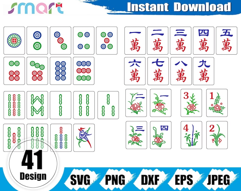 May include: A collection of 41 Mahjong tile designs, featuring various symbols, numbers, and Chinese characters. The tiles are white with red, green, and blue details. The image includes the text "Instant Download" and file type options.