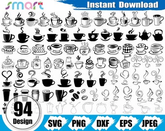 Peut inclure: Un ensemble de 94 fichiers de découpe SVG de tasses et de mugs à café en noir et blanc. Les motifs comprennent différents styles de tasses à café, de mugs et de café fumant. Le texte "Téléchargement instantané" et "94 Design" sont inclus dans l'image.