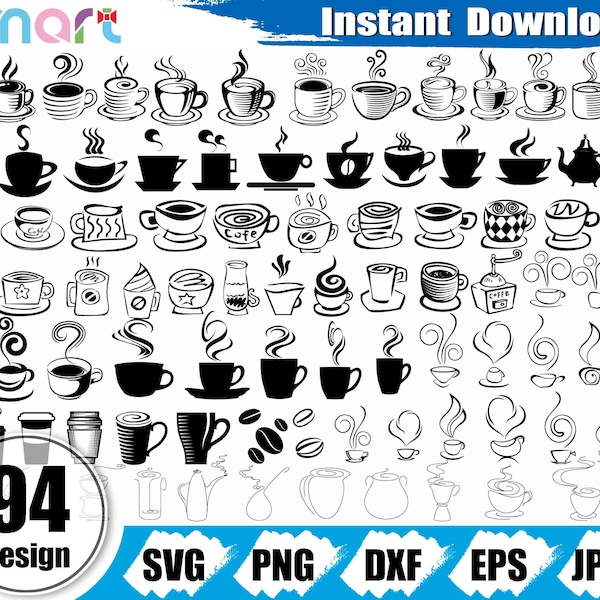 Tasse à café Svg Bundle, café svg, svg de grain de café, tasse à café clipart vecteur png dxf eps pochoir coupe fichier pour camée silhouette cricut vinyle