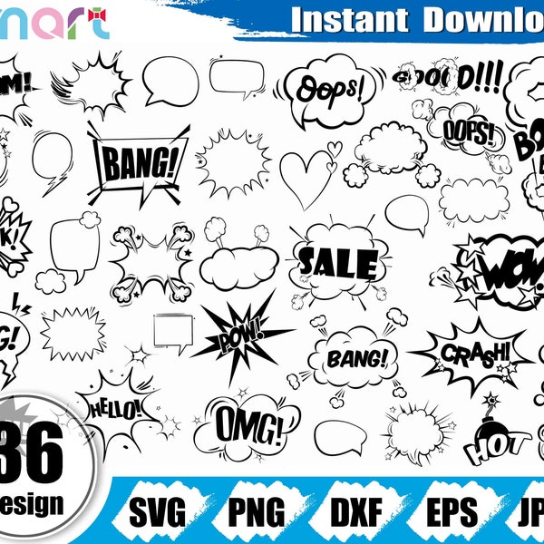 Superhelden Sprechblase svg Bundle, Comic Bubbles svg, Cartoon Sprechblase svg Clipart png dxf eps Schablone geschnitten Datei Kontur Cricut vinyl