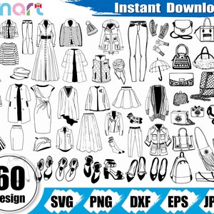 Mode femmes svg Bundle, sac à main svg, femmes robe portant svg, chaussures svg clipart vecteur png dxf eps pochoir coupe fichier silhouette cricut vinyle