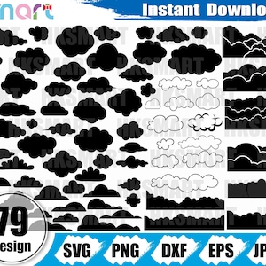 Pakiet svg chmury, pogoda svg, niebo svg, clipart chmury wektor png dxf eps szablon wycięty plik dla Cameo sylwetka cricut winylu plik logo monogram