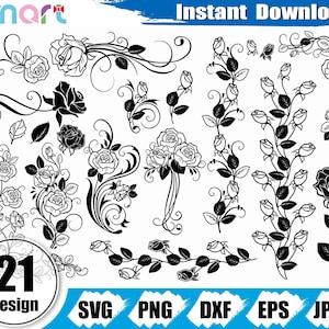 Pacchetto SVG con cornice di rose, cornice angolare di rose in formato SVG, bordo di rose in formato SVG, separatore di rose clipart vettoriale SVG PNG DXF EPS stencil file di taglio silhouette Cricut