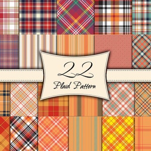 May include: A set of 22 plaid patterns in various colors and designs. The patterns are arranged in a grid, with each pattern being a different color combination. The patterns are all in a plaid style, with horizontal and vertical lines intersecting to create a checkered effect.