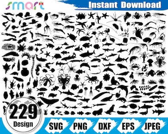 Pacote SVG de animais do oceano: clipart da vida marinha (download digital)
