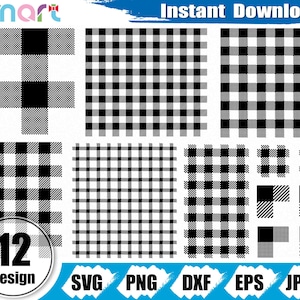 May include: Twelve black and white buffalo plaid patterns in various sizes and arrangements. The patterns are labelled with the text "SVG", "PNG", "DXF", "EPS", and "JPEG".