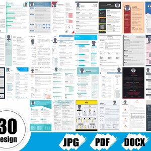 May include: A collection of 30 different resume templates in JPG, PDF, and DOCX formats. The templates feature various layouts, colours, and designs, including modern, minimalist, and creative styles.
