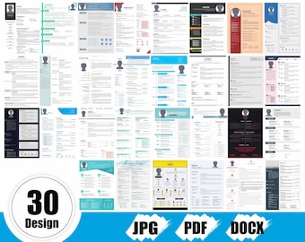 Könnte beinhalten: Eine Sammlung von 30 verschiedenen Lebenslaufvorlagen in den Formaten JPG, PDF und DOCX. Die Vorlagen bieten verschiedene Layouts, Farben und Designs, darunter moderne, minimalistische und kreative Stile.