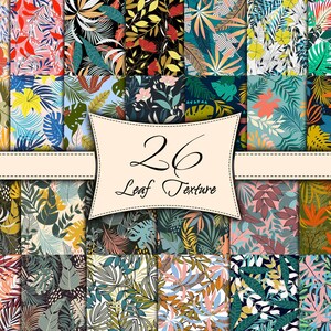 Puede incluir: Un collage de 26 patrones de hojas diferentes, cada uno con un esquema de color y un diseño únicos. Los patrones están dispuestos en una cuadrícula, con una pancarta en la parte superior que dice "26 Leaf Texture".
