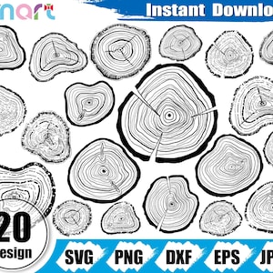 木の年輪 svg バンドル、木の断面 svg、木の年輪 クリップアート ベクター svg png dxf eps ステンシル カット ファイル、Cameo シルエット cricut ビニール用