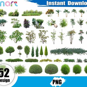 May include: A collection of 52 different plant designs, including trees, shrubs, and other greenery. The image features a variety of shapes and sizes, with a mix of green and other colors. The words "Instant Download" and "PNG" are visible.